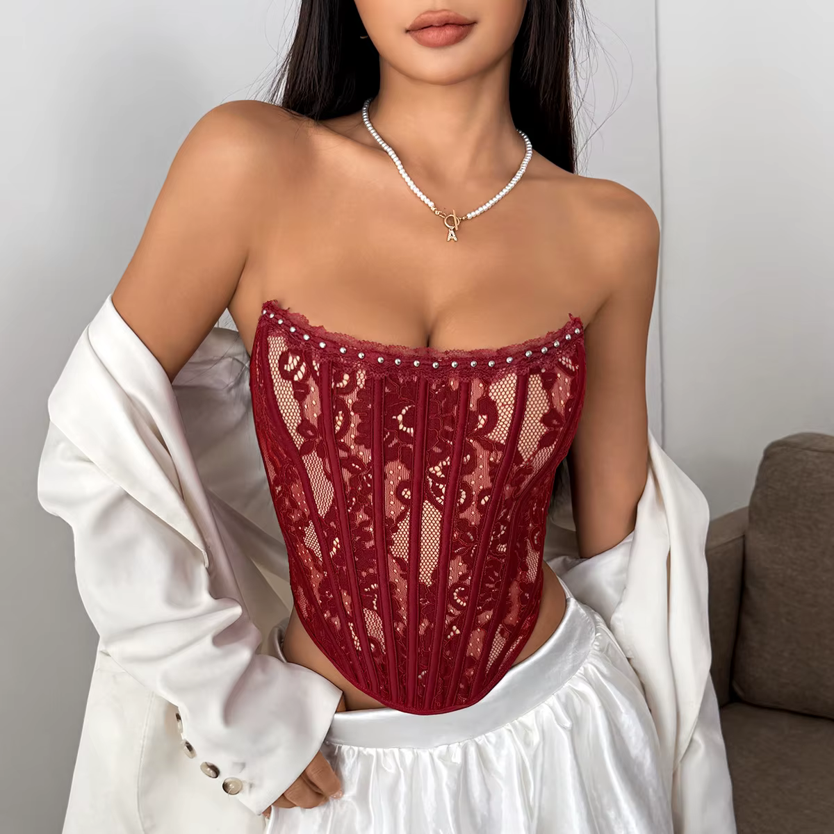 Femmes dentelle perles bandeau hauts sans manche gilet push up coquette corset récolte cami taille mince sexy débardeur bustier tubulaire camisas vêtements