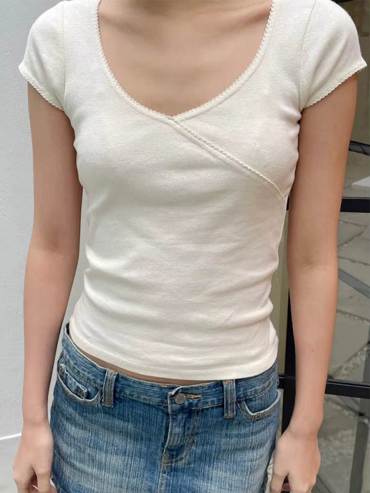 ZOCI T-shirt vintage slim col en V en coton pour femme