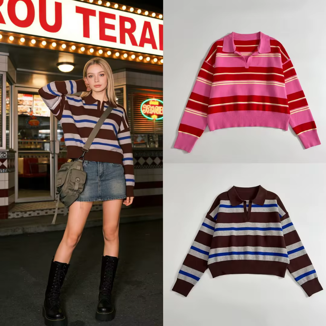 Polo à manches longues en tricot rayé pour femme