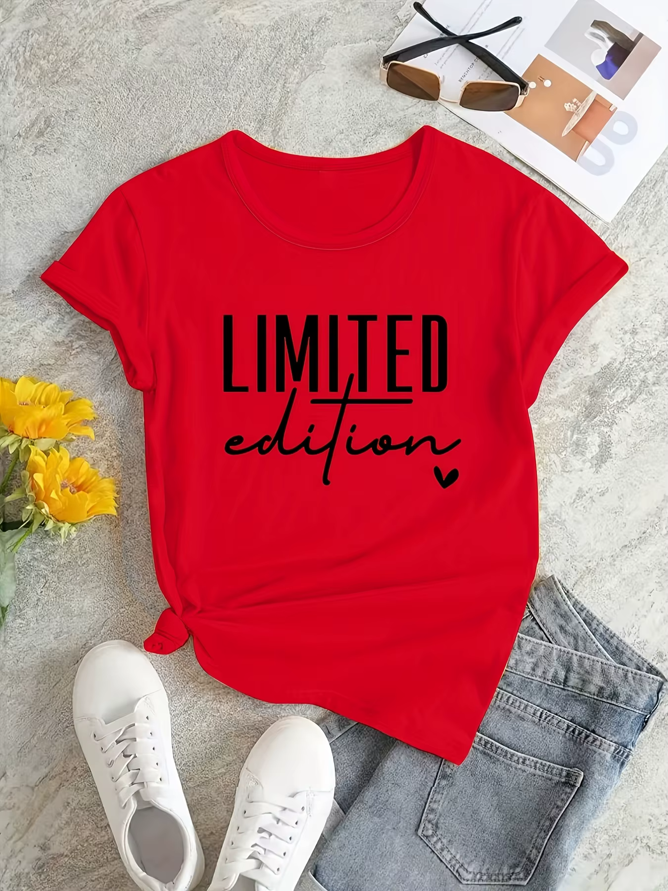 T-shirt pour femme, édition limitée, style décontracté, imprimé graphique, lettres tendance, style urbain, col rond
