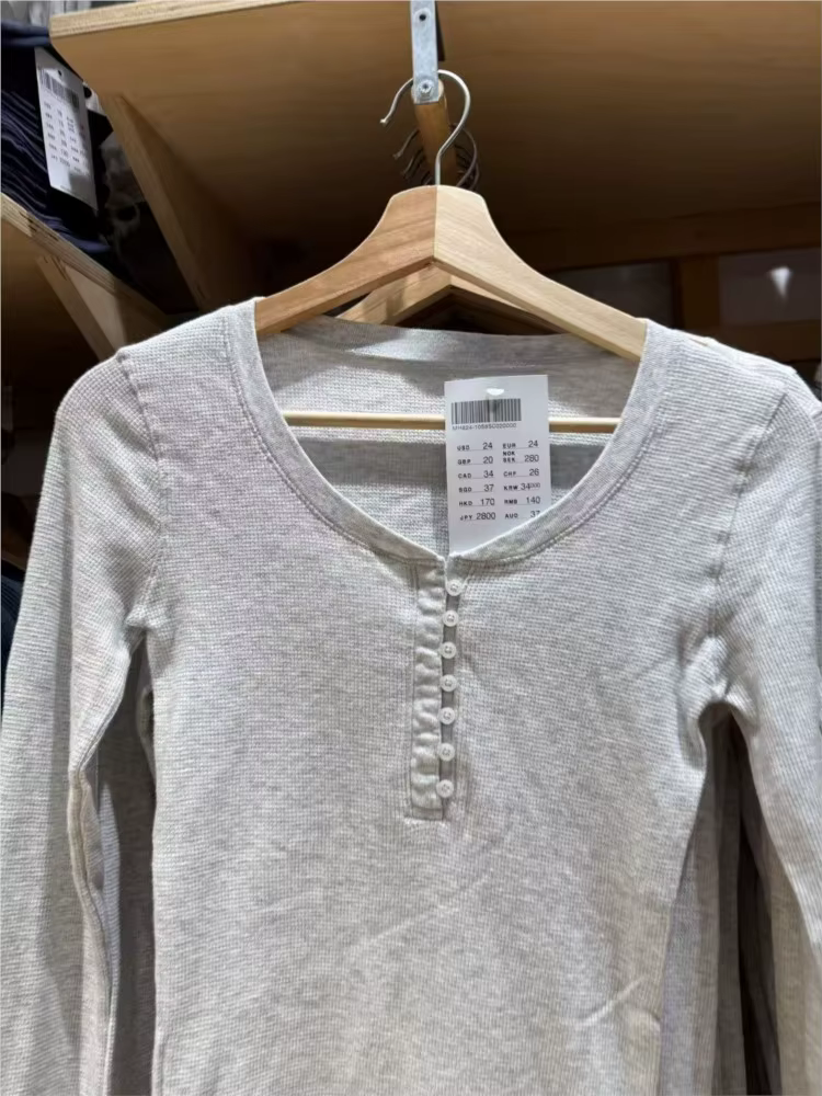 Gris gaufre 7 boutons à manches longues T-shirts femmes automne coton