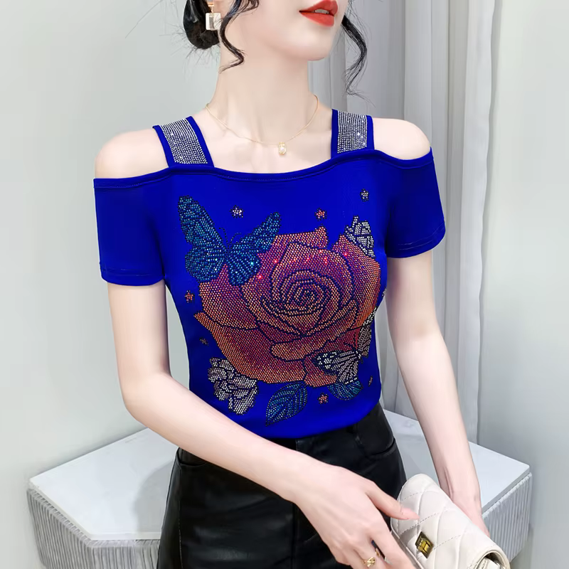Nouveau Design européen de fleur de Rose vêtements pour femmes T-Shirt Chic épaules nues diamants chauds hauts élégant Streetwear filles t-shirts chemises