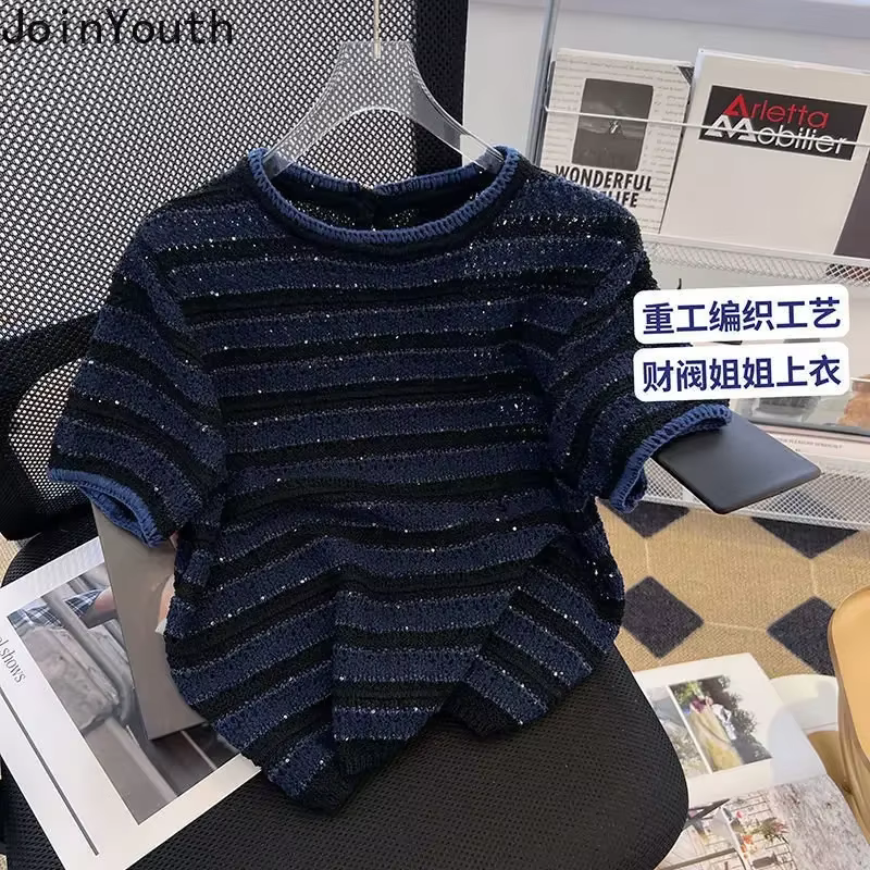 Chemises pour femmes tricot t-shirts 2025 Ropa Mujer à manches courtes col rond rayé