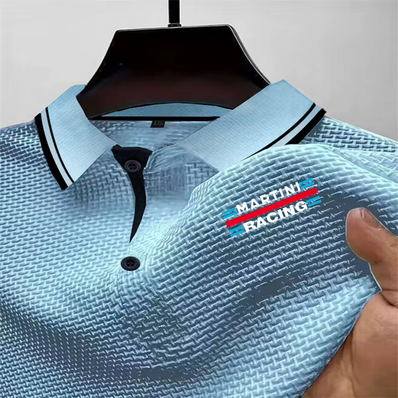 Polo en soie pour hommes T-Shirt à manches courtes bouton Martini course impression design revers luxe décontracté haut