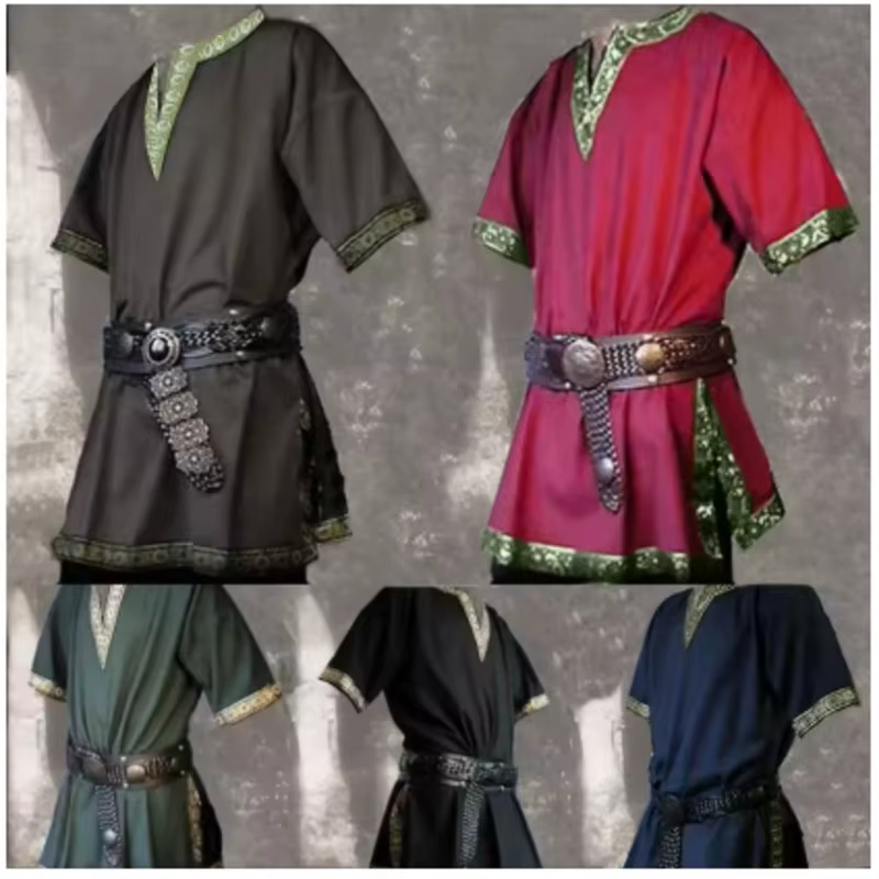 Chemise Celtique Médiévale Renaissance du 17ème Siècle Nordique Vintage Cosplay Performance Masquerade LARP à Manches Courtes