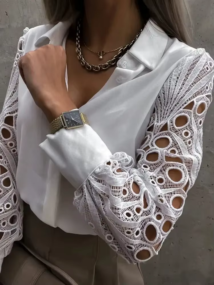 Blanc Sexy dentelle évider femmes Blouse automne printemps haut noir Vintage boutonné chemises à manches longues hauts