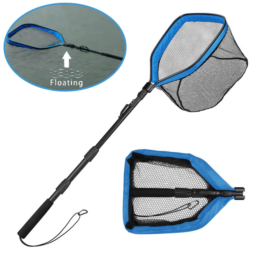 Épuisette de pêche flottante avec manche télescopique pliable et filet en nylon pour la capture et la libération des poissons en eau douce et salée