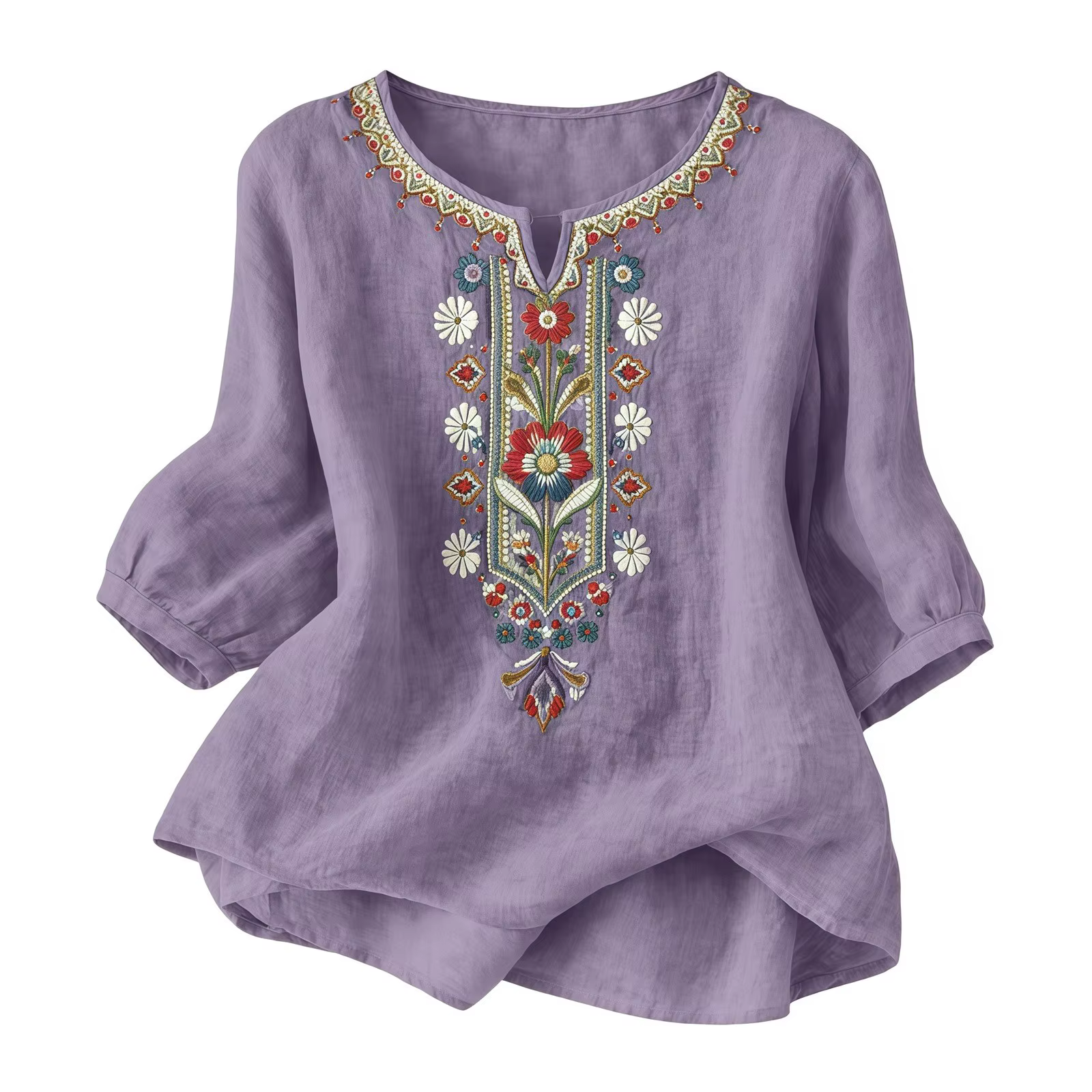 Chemises en lin d'été pour femmes Broderie rétro Tops amples à manches 3/4 Tuniques décontractées Blouses Boho Chemise de plage de vacances Blusas