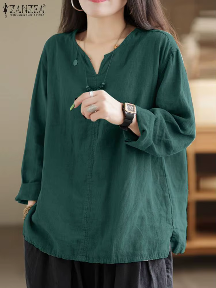 Vintage femmes coton Blouse automne col en V à manches longues hauts 2025 ZANZEA rétro solide chemise ample femme travail tunique Blusas Mujer