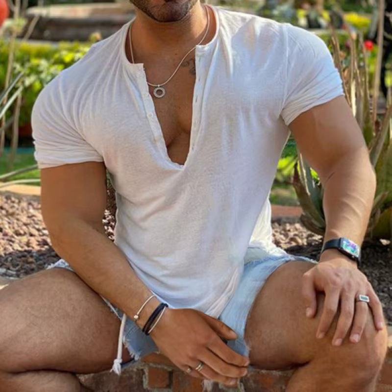 T-shirt Henley décontracté sexy pour homme 3XL