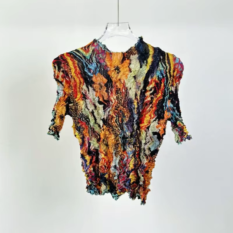T-shirt Miyake 2026 – Nouvelle collection été – Haut plissé irrégulier fait main – Décontracté