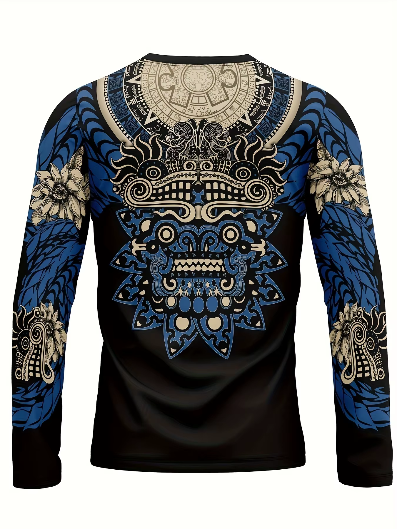 T-shirt à manches longues imprimé Quetzalcoatl pour homme 2026 avec graphiques aztèques numériques