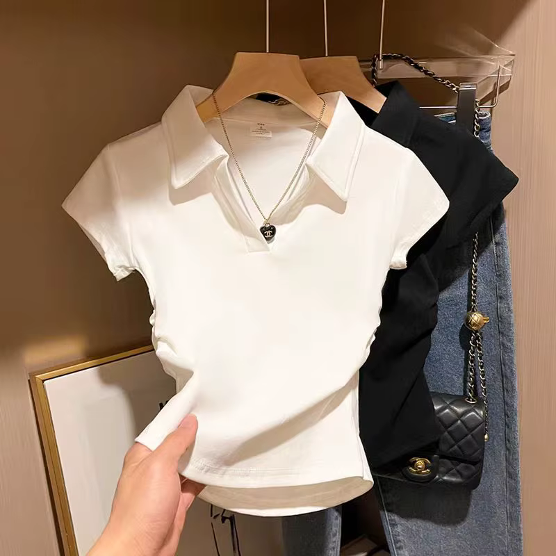 Coton été Sexy femmes t-shirt maigre mince basique solide haut court à manches courtes Polo