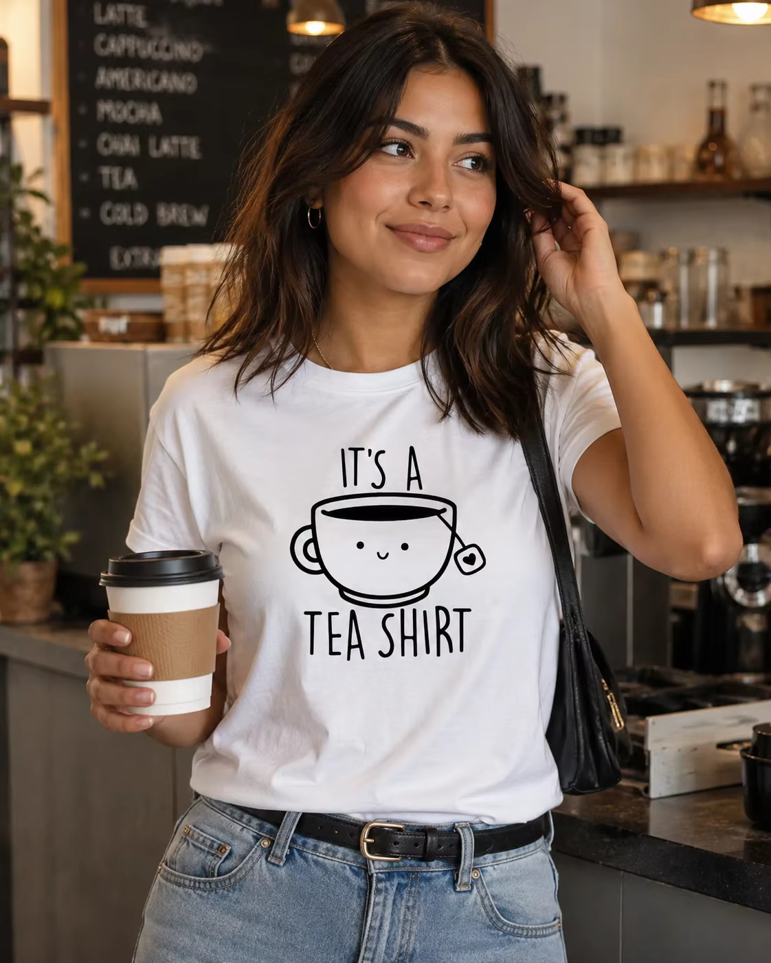 T-shirt décontracté pour femmes avec motif de dessin animé de tasse de thé imprimé avec l'inscription « It's A Tea