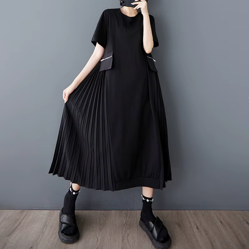 Manches courtes surdimensionné vintage noir plissé nouveau en robes pour femmes décontracté ample longue robe d'été vêtements élégants 2025