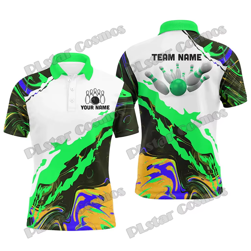 Camo Bowling Ball And Pins Option multicolore Nom personnalisé 3D Imprimé Polo pour hommes Été Unisexe