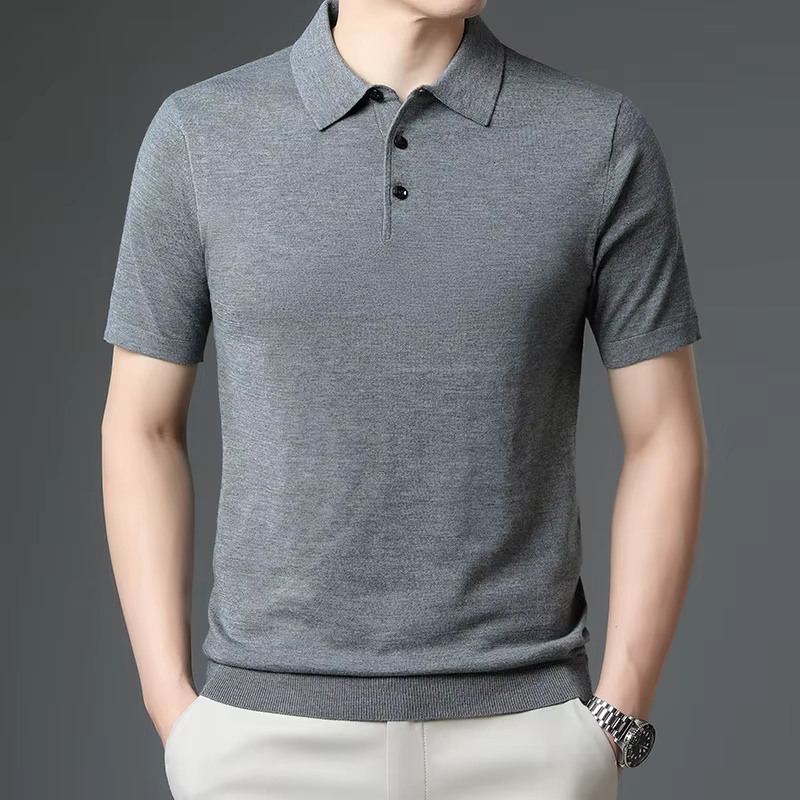 Haute qualité Ultra Fine 100% laine mérinos printemps été hommes d'affaires col Polo à manches courtes