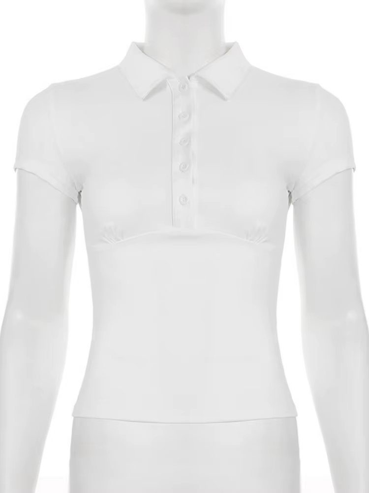 Col rabattu t-shirts pour femmes Streetwear à manches courtes haut court Y2k vêtements boutons t-shirt solide Camisetas mince Ropa Mujer