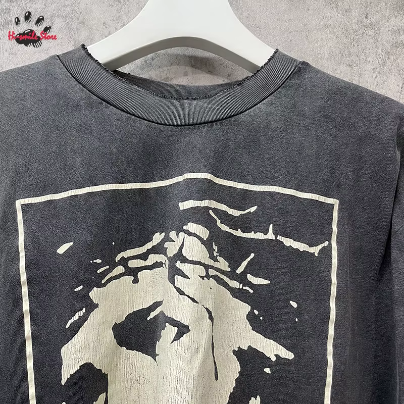 Nouveau lavé Saint à manches longues t-shirt hommes femme surdimensionné décontracté Couple printemps été endommagé col