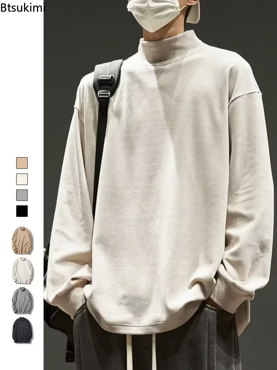T-shirt Homme Col Semi-Montant en Polaire 2026 – Pull Décontracté Chaud Automne Hiver – Haut Basique Uni de Qualité