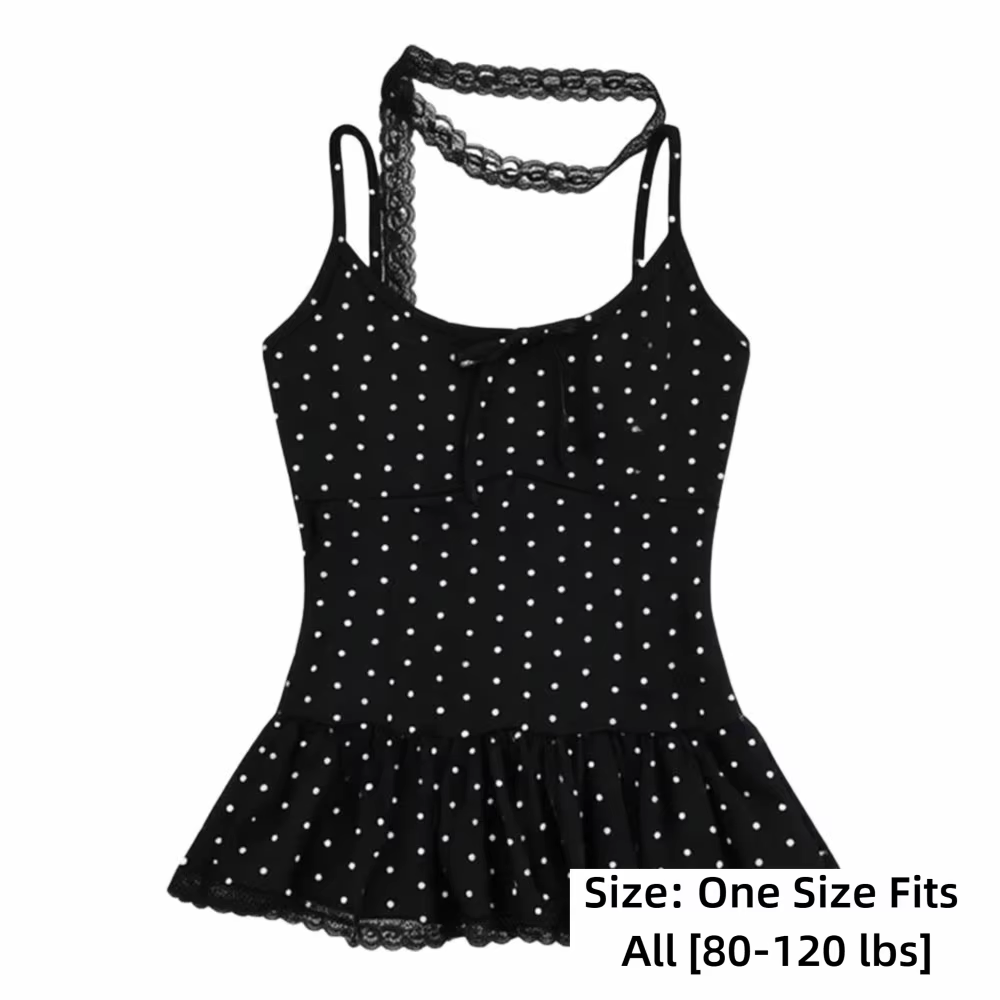 Nouveau débardeur camisole à pois avec nœud et dentelle, coupe ajustée, sexy, col en V, avec ruban