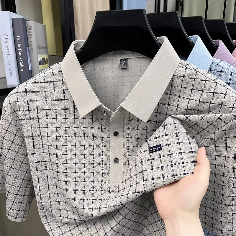 Polo homme à carreaux coupe décontractée avec col à revers