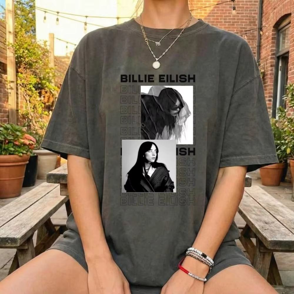 Billie Eilish thème graphique rétro fan de musique T-shirt unisexe chemise pur coton toutes saisons streetwear couche de base goth y2k vêtements