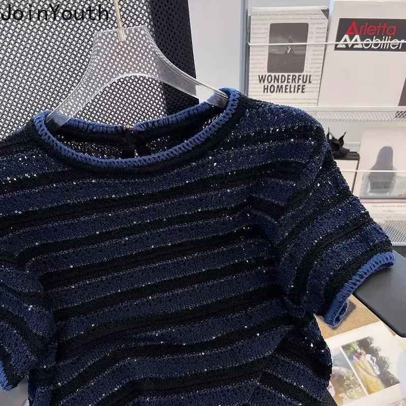 Chemises pour femmes tricot t-shirts 2025 Ropa Mujer à manches courtes col rond rayé