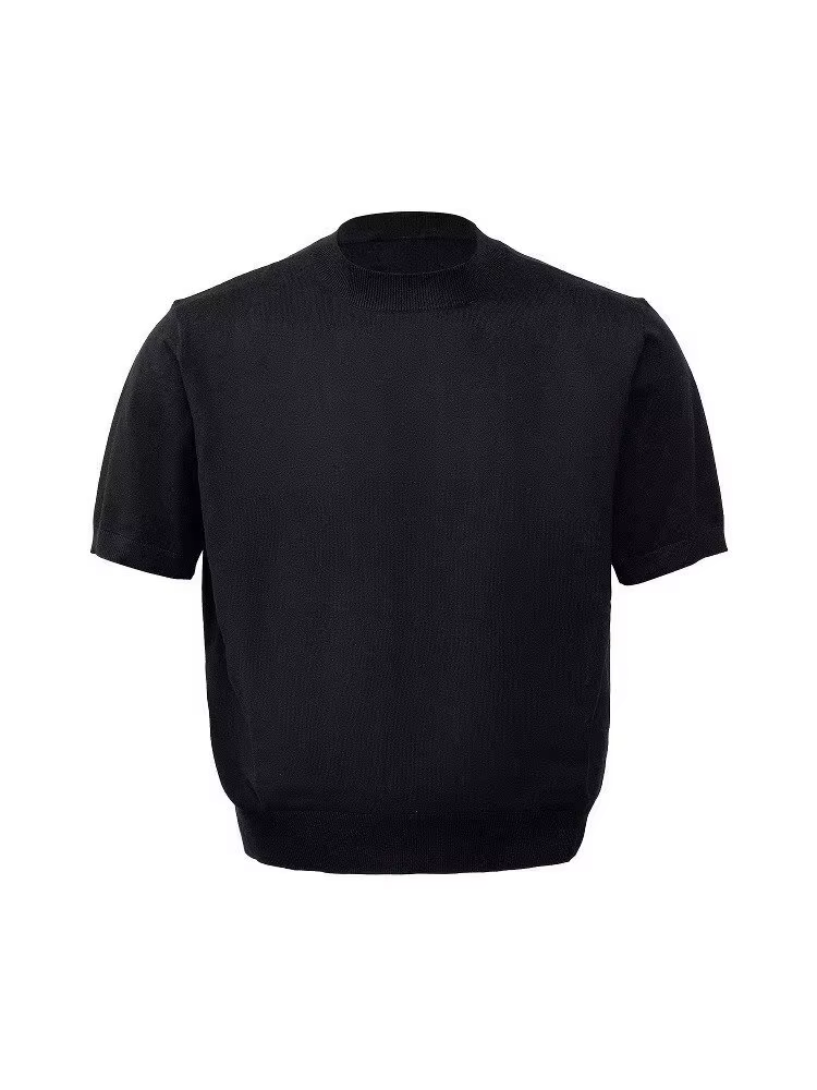 T-shirt tricoté à col bas uni avec drapé aux épaules pour homme