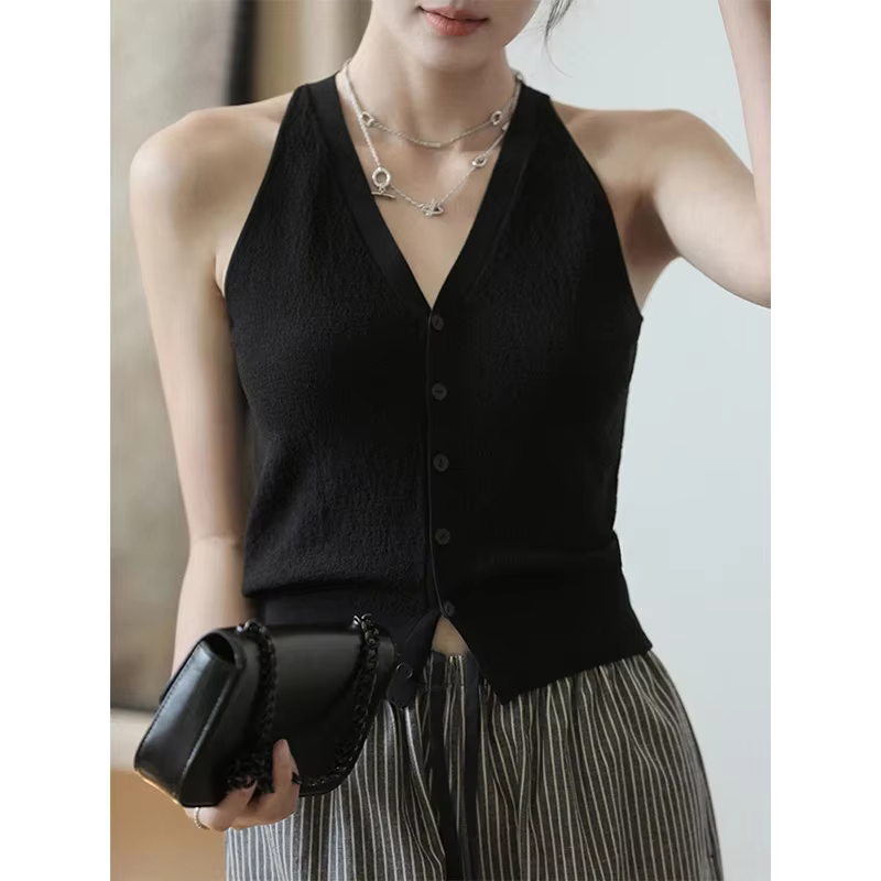 Pull gilet pour femmes doux tricoté bouton avant col en v sans manches Blouse femme décontracté français Chic tenue à la mode