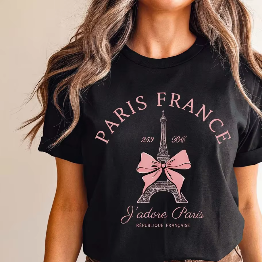 T-shirt Tour Eiffel Paris Rose Floral Vintage Cadeau Souvenir Français Vêtements Femme Mode