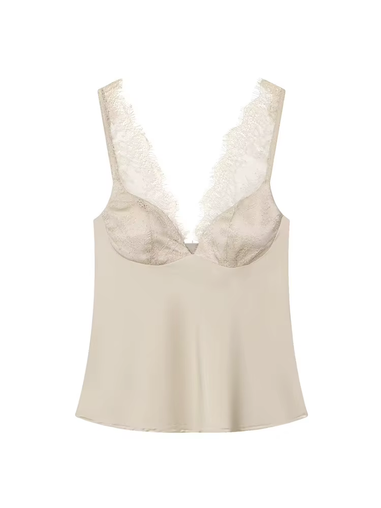 HH Femme Mode Décoration en dentelle Haut court uni Sexy Sans manches Dos nu Col en V Fermeture éclair latérale Texture satinée 3 couleurs Hauts d'été