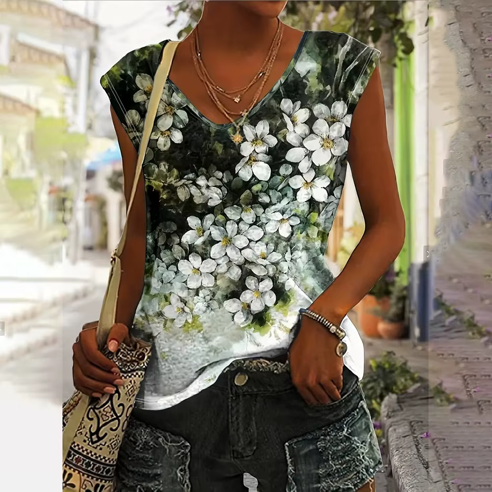 T-shirt à col en V imprimé floral 3D pour femmes