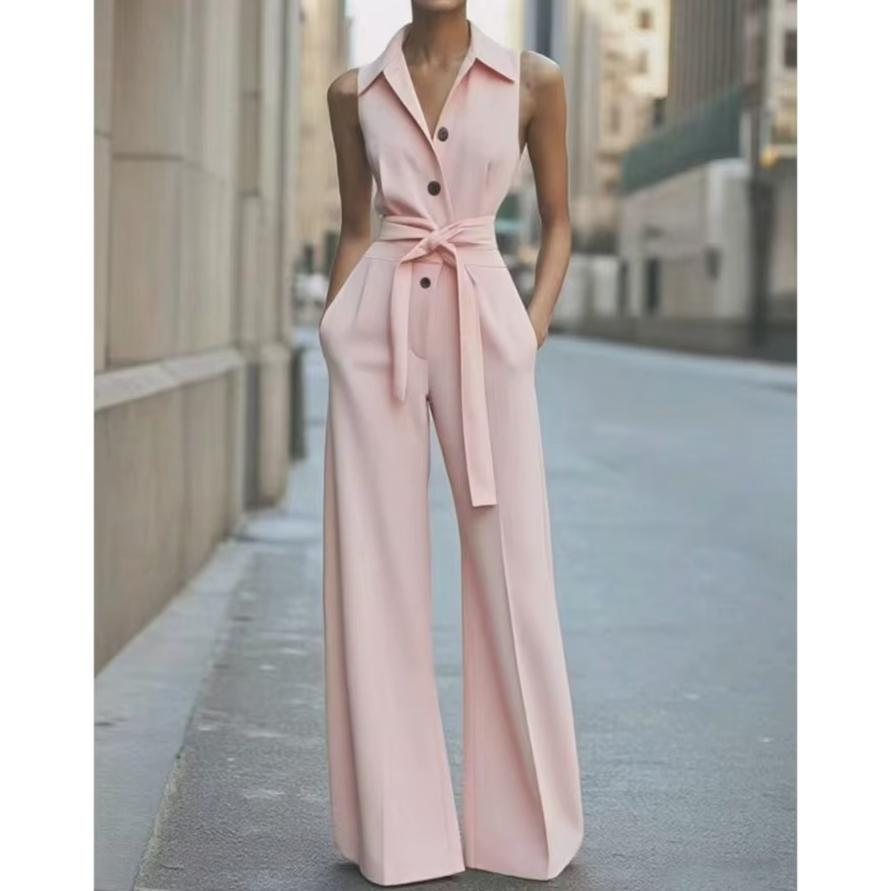 Combinaison à revers sans manches pour femmes, mode boutonnée, col de chemise, couleur unie, jambes larges, bureau de déplacement avec poche