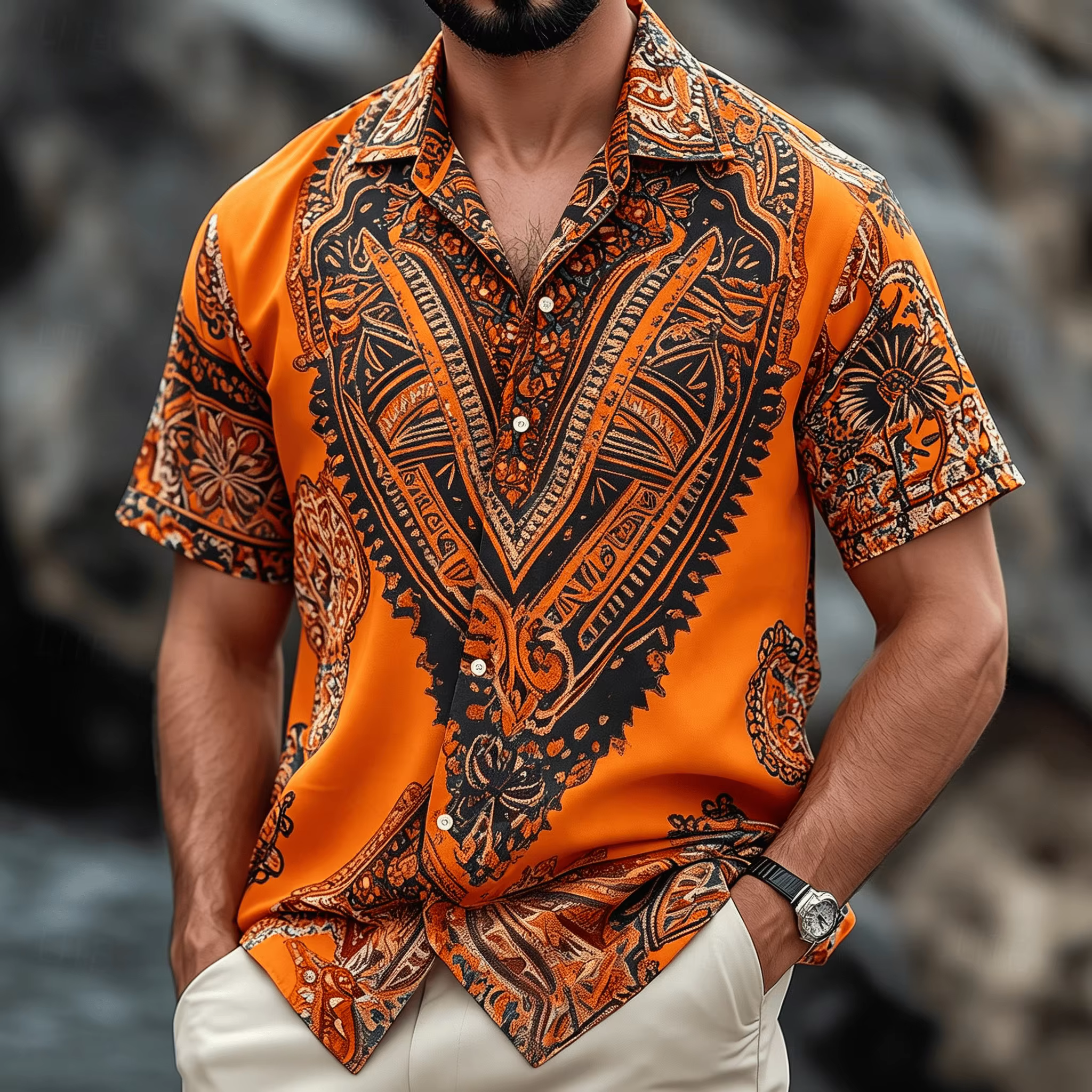 Chemise à imprimé floral ethnique style bohème 3D, chemise boutonnée pour homme d'été, convient pour une tenue décontractée en plein air, style unisexe.