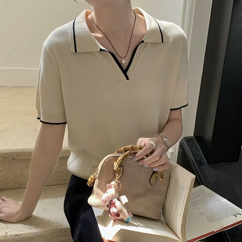 T-shirt à manches courtes tricoté en pur coton pour femmes