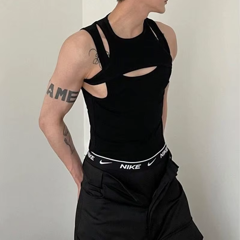 Style américain nouveaux hauts Sexy creux faux deux pièces vêtements pour hommes été évider mode mince musculation débardeurs