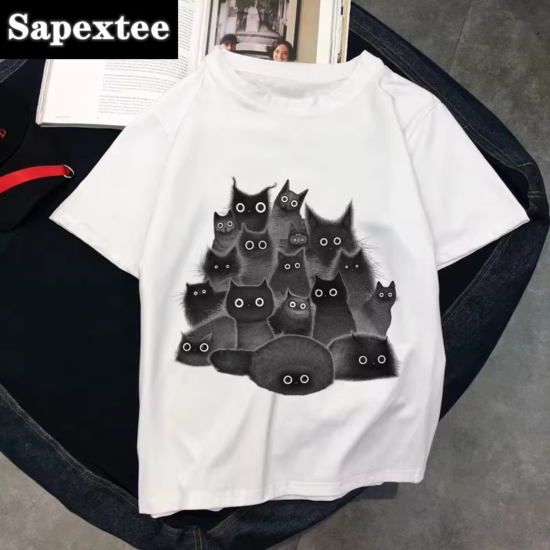 T-shirt col rond femme blanc, estival et aéré, avec chat kawaii, 2020