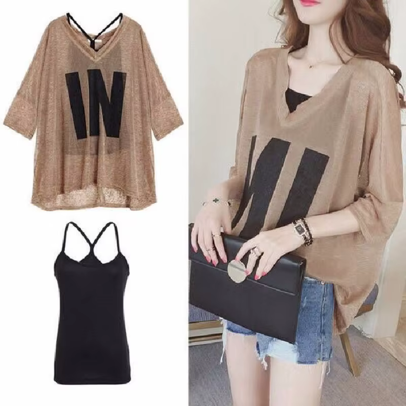Femmes demi manches T-Shirts amples col en v été casual lettre impression cultures hauts pulls