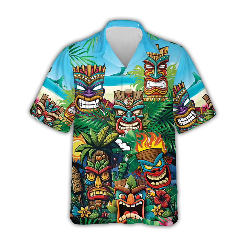 Chemise Tiki Hawaïenne Imprimée en 3D pour Homme