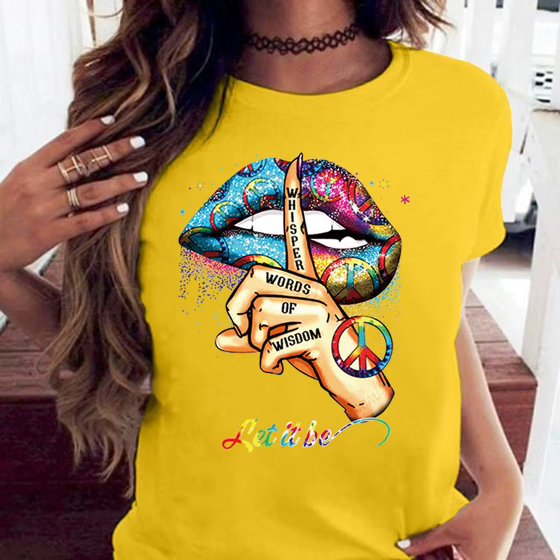 100% coton ample col rond bouche créative à manches courtes T-shirt femme surdimensionné