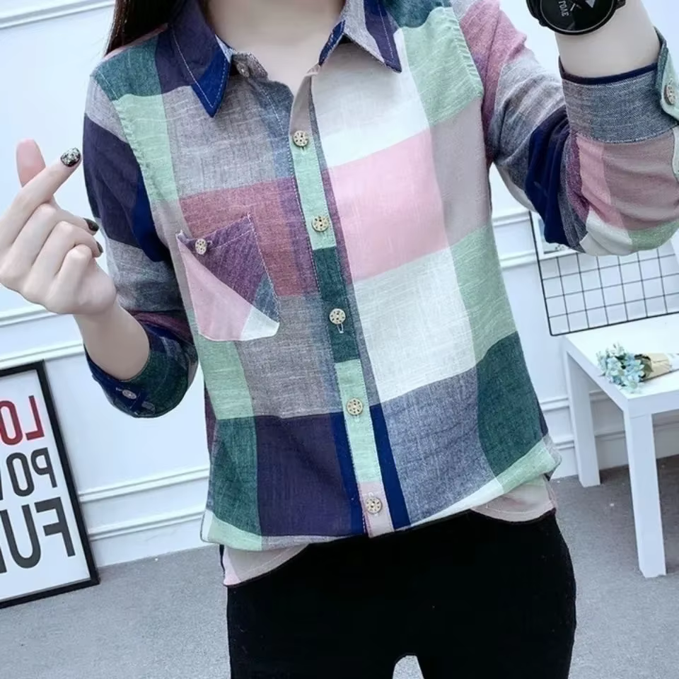 Chemise à carreaux en coton et lin pour femmes