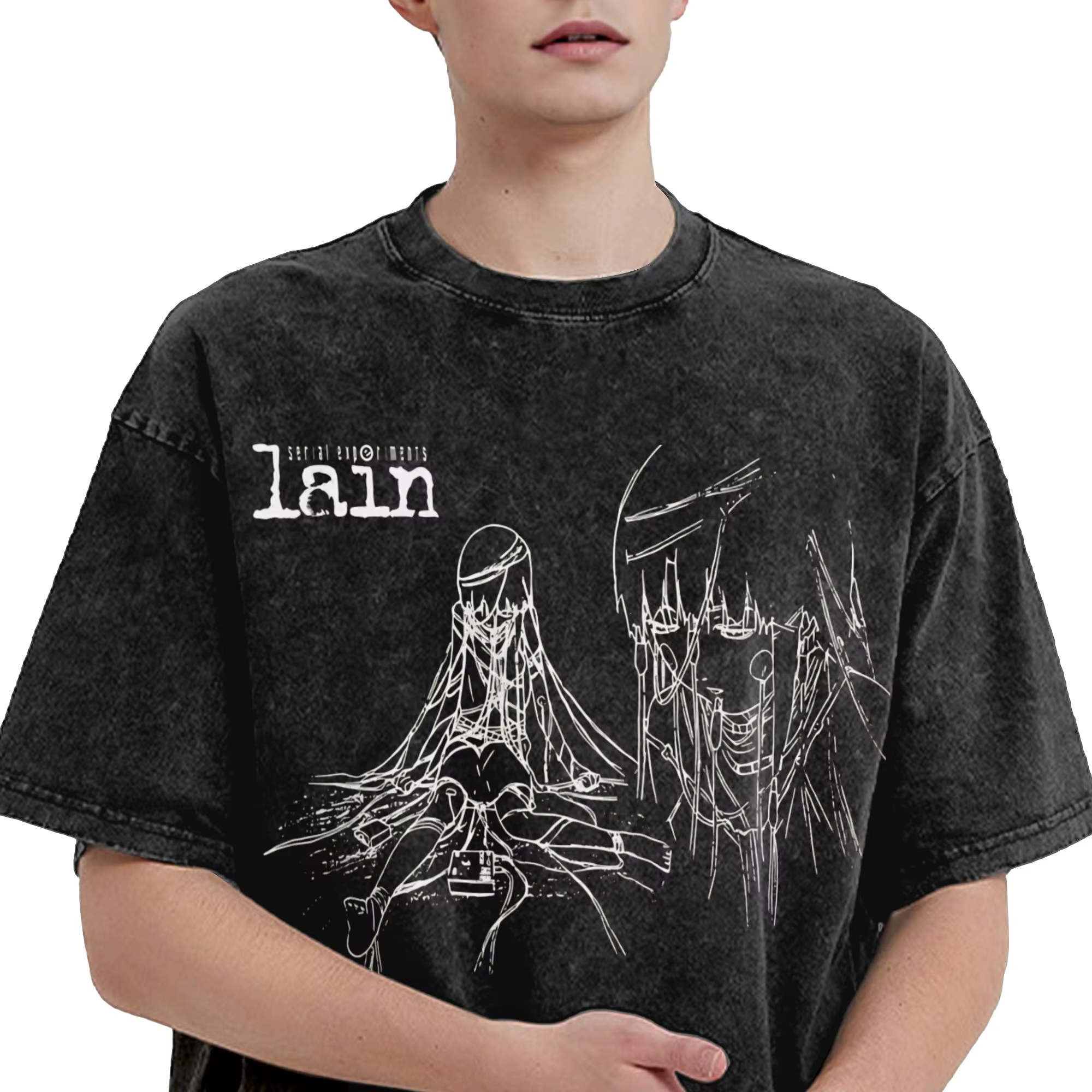 Lain Wired Up T-shirts pour hommes, t-shirt à manches courtes et col rond, 100% coton, grande taille, motif Serial Experiments Lain