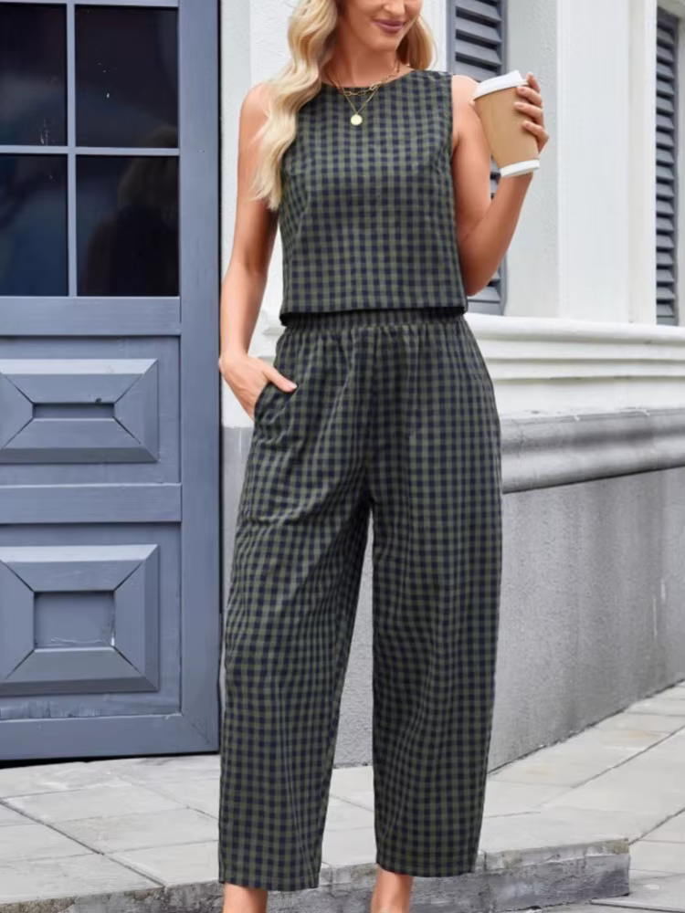 Mode femmes pantalons ensemble imprimé Plaid sans manches 2025 printemps été décontracté gilet neuf points pantalon