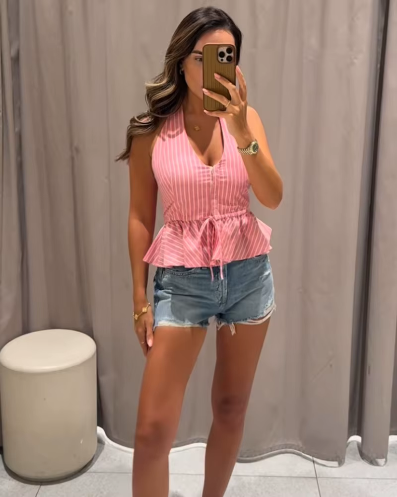 Haut pour femme 2026 Nouvelle Collection Été Col V Rayé Halter Chic et Élégant Style Vacances