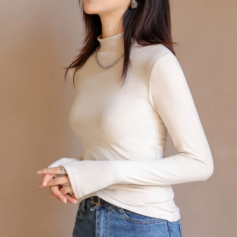 T-shirt élégant à col montant et manches longues pour femme – Haut basique chaud automne-hiver