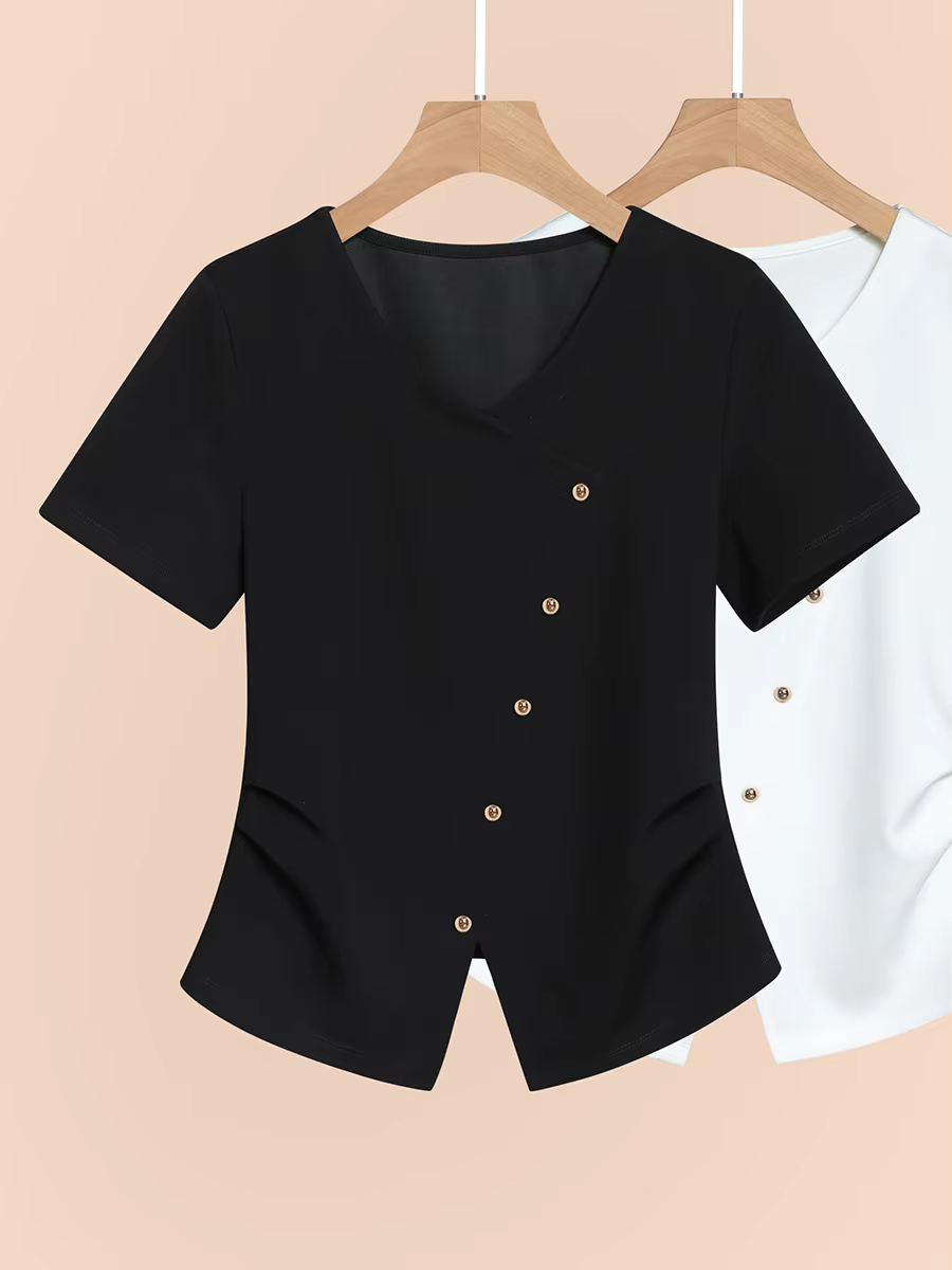 T-Shirt blanc à la taille pour femmes, Style français, col en V, manches courtes, chemisier à la mode, été 2025