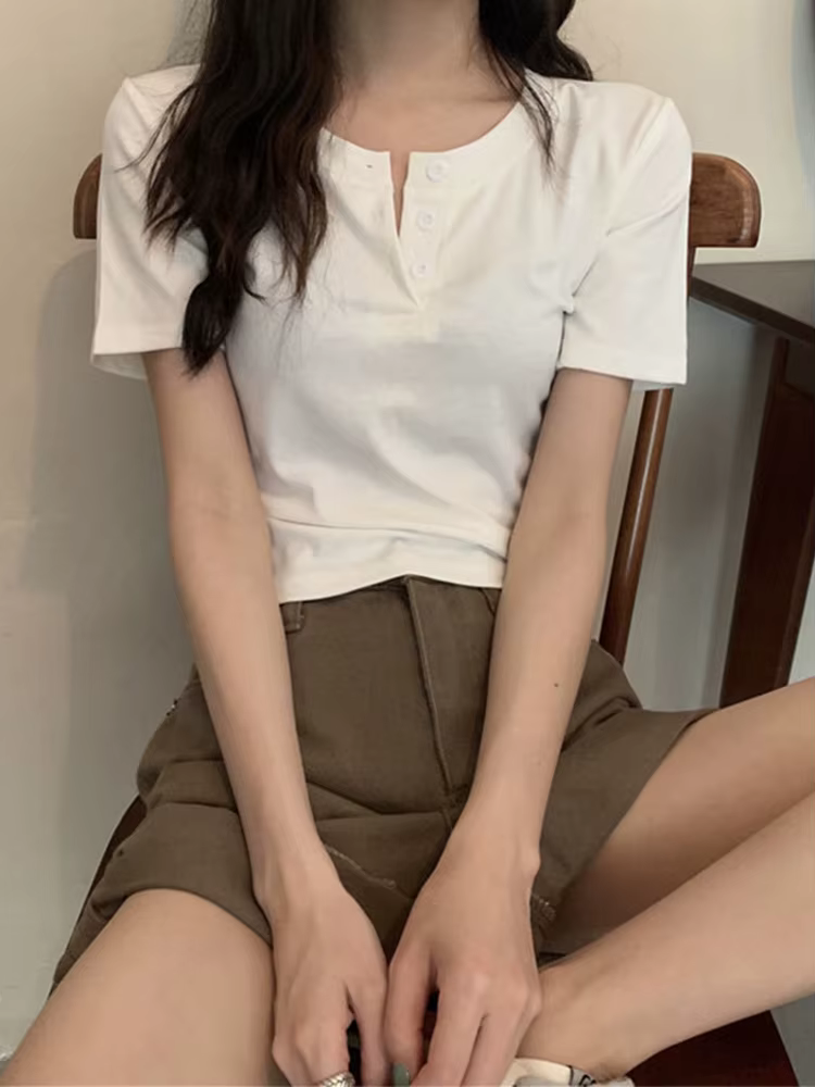 Femmes t-shirt bouton ouvert à manches courtes haut court dames vêtements 2024 solide basique