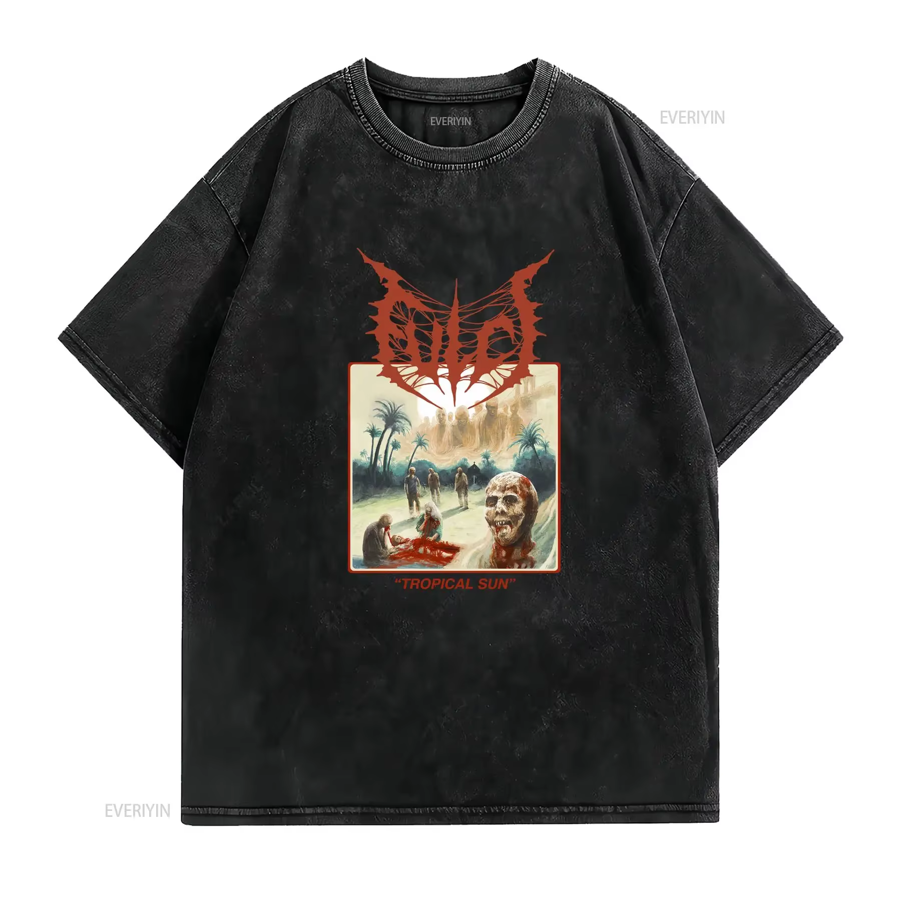 T-shirt unisexe Fulci blanc Tropical Sun couleur beige taille S à 3XL vintage lavé élégant vêtements graphiques stylés