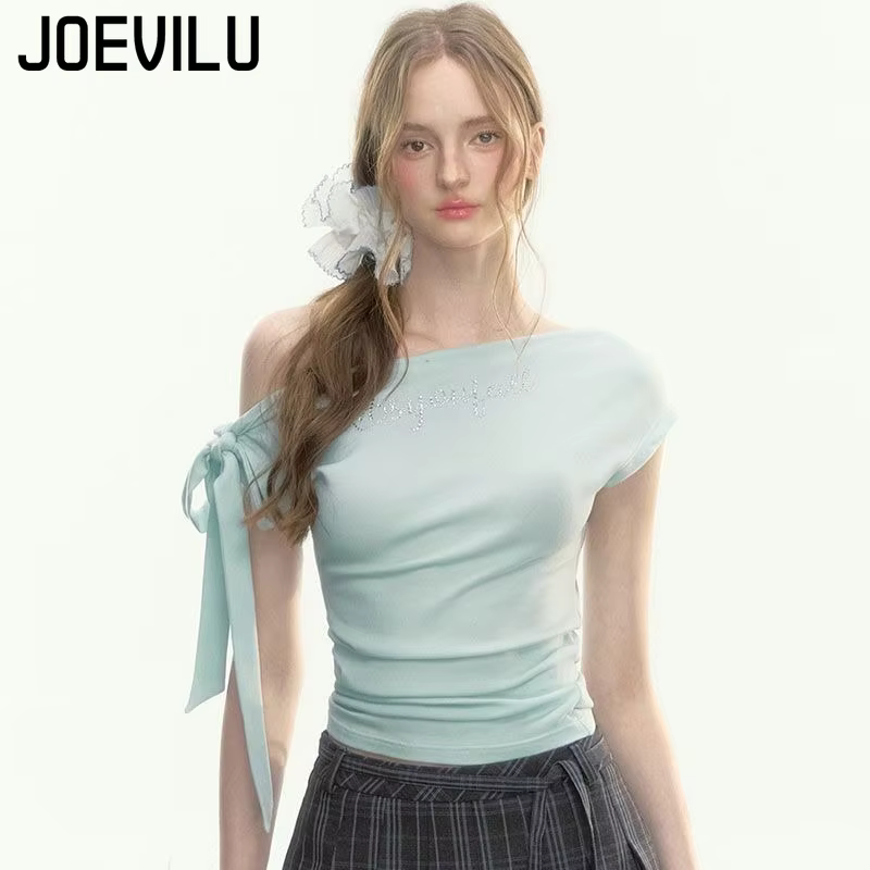 JOEVILU T-shirt slim avec nœud papillon et épaules dénudées